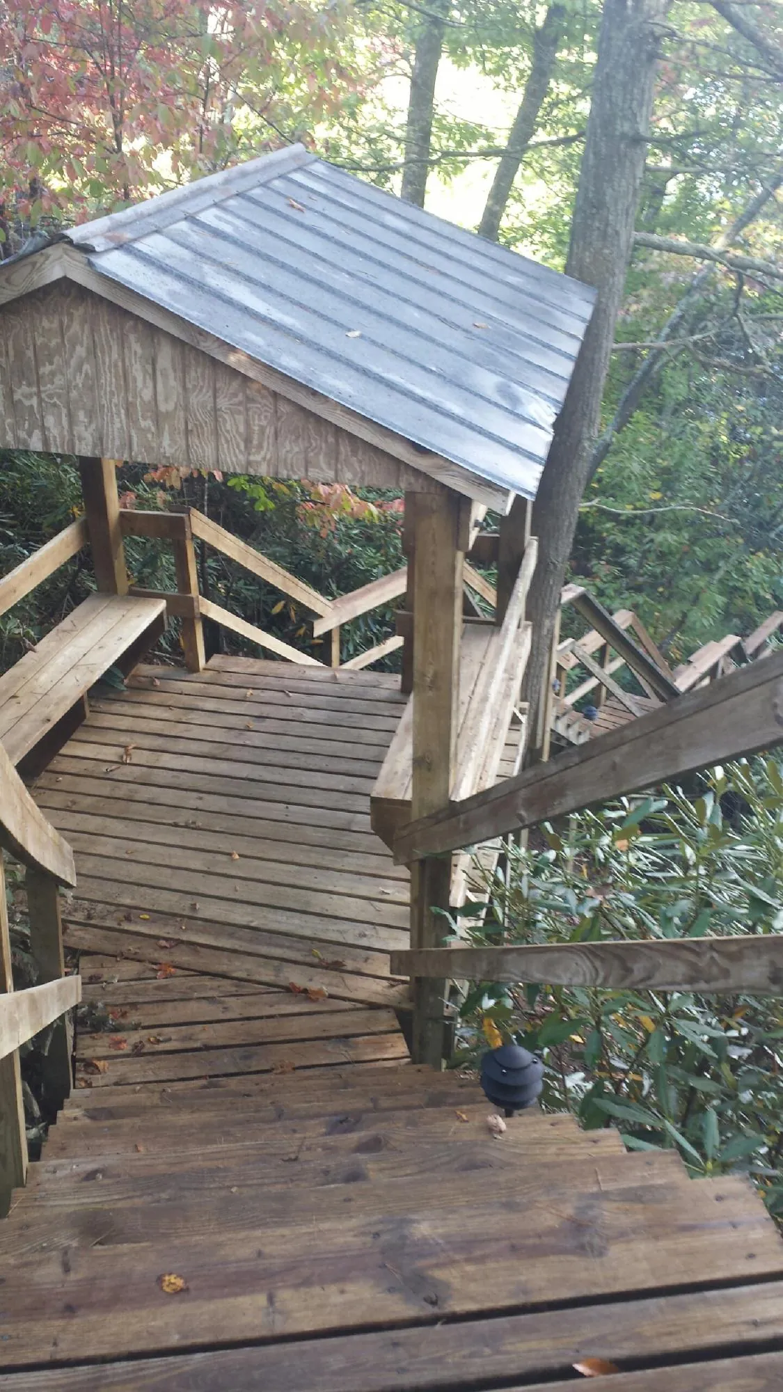 Metal roofed shelter over wooden steps on a wooded walkway — Skylight Repair & Installation work by our crew in Elsinore